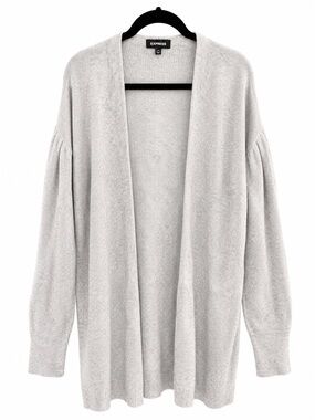 Express Open-Front Light Gray Cardigan with Puff Sleeves